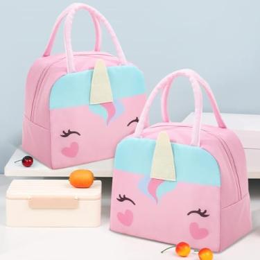 Imagem de Lancheira, bolsa térmica, reutilizável, isolada, lancheira, portátil, para trabalho, escritório, piquenique, praia (unicórnio rosa, 2 peças)