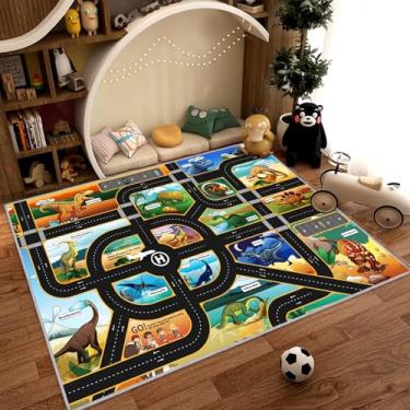 Imagem de CLAILEIRS Tapete de dinossauro de desenho animado, adorável tapete de parque de dinossauros com suporte de borracha, tapete infantil com mapa de safári de dinossauro para quarto de meninos e meninas