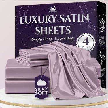 Imagem de SLEEP SANCTUARY Lençóis de cetim Queen Size – Conjunto de cama luxuoso de 4 peças, mais macio que seda, bolso profundo de 38 cm, refrescante e sem rugas, absorve umidade e respirável para cabelo e