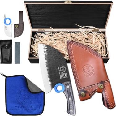 Imagem de XYJ Autêntica desde 1986, faca de açougueiro sérvio com bainha de couro, caixa de madeira, toalha de lavar, cutelo de carne, lâmina de aço de alto carbono, cabo de madeira Tang completo, facas de