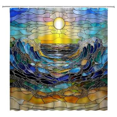Imagem de UOZXOML Cortina de chuveiro oceano praia vitral cenário havaiano onda do mar sol litoral abstrato natureza rústica paisagem tecido decoração de banheiro cortinas com ganchos, 70 x 70