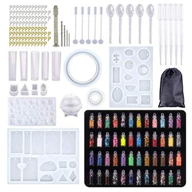 Imagem de Kit completo de moldes e ferramentas de fundição de resina para joias "Faça você mesmo", moldes de silicone para fazer bijuterias pendentes, conjunto de artesanato contém moldes de resina, pó de glitter, lantejoulas e ferramentas
