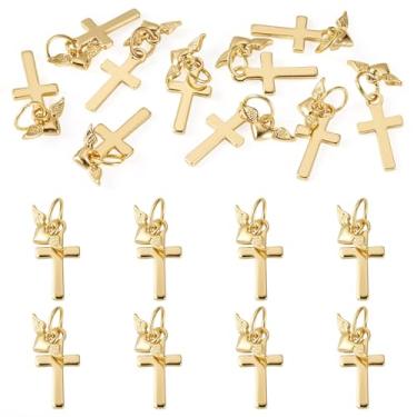 Imagem de FASHEWELRY 10 peças de pingentes de cruz banhados a ouro 18K fofo crucifixo cristão dourado com pingente de coração, pingentes pequenos de latão com anéis de salto para pulseiras permanentes, colar