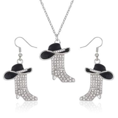 Imagem de Chanumetal Joias de cowgirl para mulheres, acessórios de cowgirl para mulheres, brincos de bota de cowboy com strass brilhante e colar de caubói, conjunto de joias de bota esmaltada, brincos