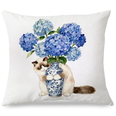 Imagem de Exqcom Blue Chinoiserie Hydrangea Ragdoll Cat Capas de travesseiro 45,7 x 45,7 cm, presentes de gato Ragdoll, Grandmillennial Cottagecore azul e branco floral para casa, sala de estar, quarto