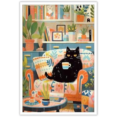 Imagem de Vintage Gato Preto Bonito Sentado no Sofá Bebendo Café Cartazes Desenho Animado Animal Tela Arte de Parede O Estilo Boêmio Impressões Pintura Para Casa Quarto Dormitório Decoração de Parede 30 x 40 cm