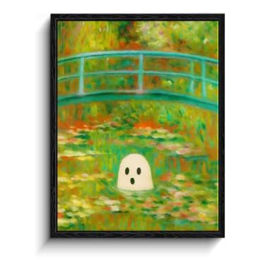 Imagem de Fantasma branco no lago de lírios sob a ponte, decoração de parede de imagens de fantasmas estilo Monet, arte de parede fantasma emoldurada fosca, imagens engraçadas de fantasmas para sala de estar