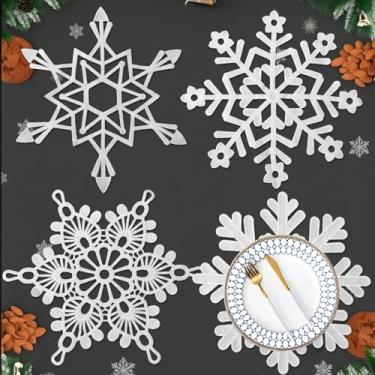 Imagem de Gandeer 4 peças de jogo americano de Natal floco de neve de inverno 30,5 cm de crochê branco floco de neve tapetes de mesa de renda bordados vintage para sala de jantar, vaso de casamento, decorações