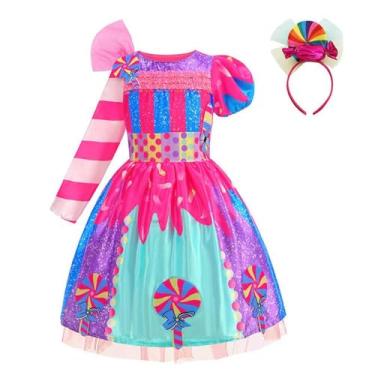 Imagem de kowaku Vestido infantil de doces com estampa de arco-íris para cosplay, festa, apresentação e casamento, M
