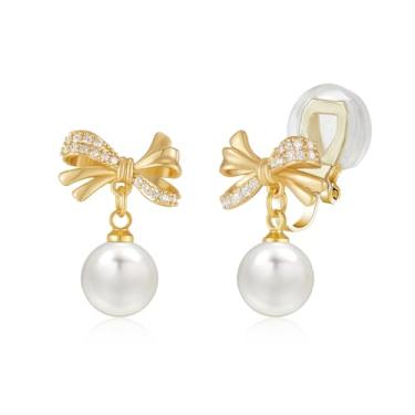 Imagem de YOQUCOL Brincos pendentes de laço de pérola simulada dourada para mulheres brincos de cristal de zircão não perfurados-04