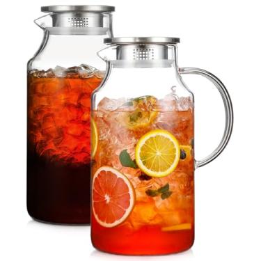 Imagem de Pacote com 2 jarras de vidro espesso de 1 galão com tampa e bico, jarra de vidro borossilicato para bebida quente/fria, jarra de água para geladeira, jarro extragrande com alça para chá gelado, café