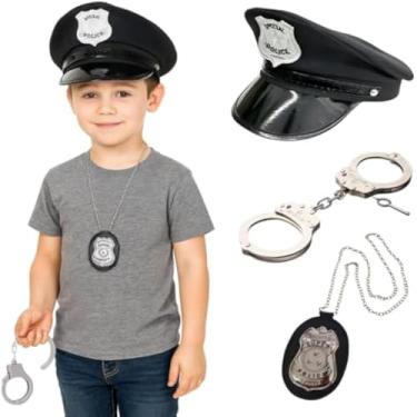 Imagem de Roupa de policia infantil azul, chapeu, distintivo e acessorios, realista