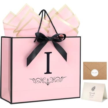 Imagem de KeerxunBag Sacos de presente personalizados para mulheres e meninas com inicial - Saco de presente de papel rosa monograma com laço de fita, papel de seda combinando, cartão e adesivo de envelope (I
