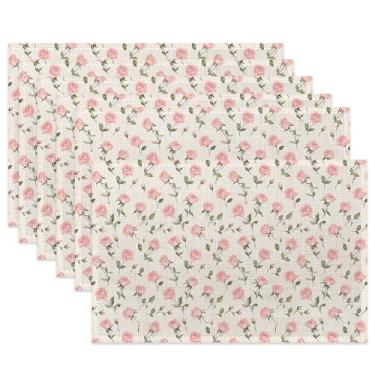 Imagem de Jogo americano de pano de flor rosa rosa, jogo americano de mesa floral rústico resistente ao calor, conjunto de 6, tapetes de linho laváveis para decoração de mesa de sala de jantar, casa