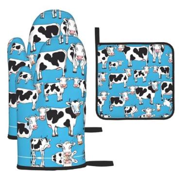 Imagem de Conjunto de cozinha essencial de 3 peças com estampa de vaca, luvas e alça de tampa, proteção para churrasco no forno, design de armazenamento suspenso.