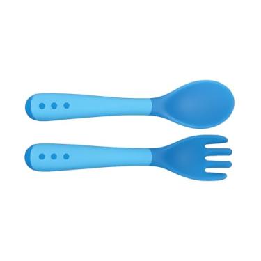 Imagem de Talheres Infantis Silicone Termossensível — Kit Colher e Garfo Flexível, BPA Free, Seguro para Bebês, Fácil de Segurar, Mudança de Cor com Temperatura (Azul)