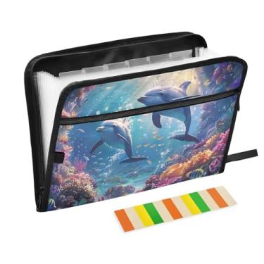 Imagem de Wassud Acordeão golfinho engraçado organizador de arquivos carta a4 pastas de arquivo de papel organizador de documentos fólio com etiquetas pasta de arquivo expansível 13 bolsos