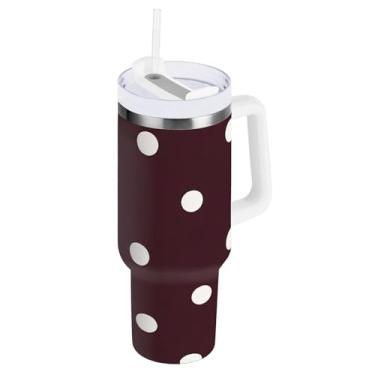 Imagem de Qilmy Copo branco de 850 g com fundo de castanha de bolinhas com tampa e palha, copo isolado de aço inoxidável durável à prova de vazamento com alça, garrafas de água à prova de derramamento para