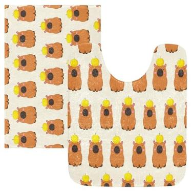 Imagem de Burbuja Conjunto de tapetes de banheiro capivaras de desenho animado, tapete de banho absorvente de pelúcia macio, base de vaso sanitário antiderrapante para banheiro base de vaso sanitário