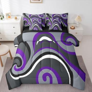 Imagem de Conjunto de edredom solteiro abstrato roxo e cinza, para adultos, homens e mulheres, preto e branco, moderno, abstrato, 7 peças, geométrico, listrado, minimalista, conjunto de cama