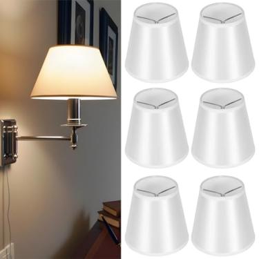 Imagem de 6 peças de abajur, pequeno abajur com encaixe, cúpula de 8,9 cm x 13 cm de altura inclinada x 14 cm inferior, abajur de tecido tradicional, abajur elegante com brilho de seda branca