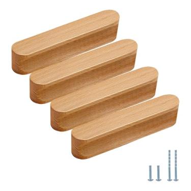 Imagem de Evionlin 4 maçanetas de porta de armário com tira longa de faia de 10 cm, puxador oval de gaveta de madeira para armário de cozinha