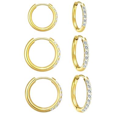 Imagem de VOJO Moissanite Brincos de argola de titânio para mulheres, conjunto de 3 pares hipoalergênicos de ouro 14K e prata pequenos brincos de cartilagem minúscula, Small, Titânio, Moissanita