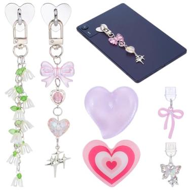 Imagem de PLIGREAT Conjunto de 6 peças de berloques para Kindle, incluindo plugue de borboleta tipo C/USB C berloque rosa suporte de coração chaveiro floral bownot com gancho de coração para acessórios Kindle