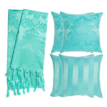 Imagem de Kit Manta para Sofá Jacquard 1.8x1.4m + 4 Capas de Almofada 45x45cm - Conjunto Protetor e Decorativo com Franjas Artesanais(Azul Tiffany 120)