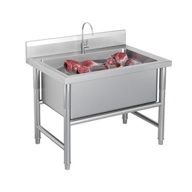 Imagem de Pia de tigela única grande, pia industrial de cozinha, pia independente de aço inoxidável, 1 compartimento para pia de cozinha comercial, pia utilitária com backsplash (80 x 60 x 80 cm/31,5 x 23,6 x