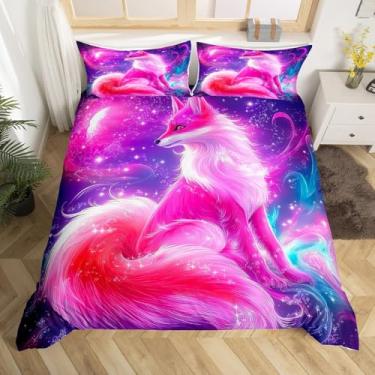 Imagem de jejeloiu Jogo de cama solteiro com estampa de raposa 3D para adultos, crianças, meninos, meninas, roxo, rosa, conjunto de capa de edredom com estampa animal, 2 peças, fecho de zíper