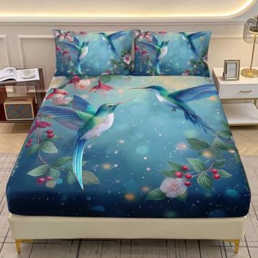 Imagem de AILONEN Jogo de lençol casal, beija-flor verde, botânico, romântico, floral, jardim de primavera, pássaro, 1 bolso profundo com 2 fronhas, microfibra macia