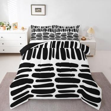 Imagem de jejeloiu Conjunto de cama geométrico moderno, macio, para meninos e meninas, preto e branco, abstrato, Queen, edredom boêmio, microfibra luxuosa, decoração de quarto, 3 peças com 2 fronhas