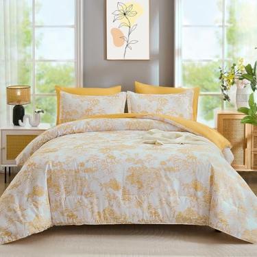 Imagem de DJY Conjunto de edredom king size, laranja, amarelo, botânico, 7 peças, cama em um saco, estampa de plantas elegantes, microfibra macia, reversível, conjunto completo para todas as estações