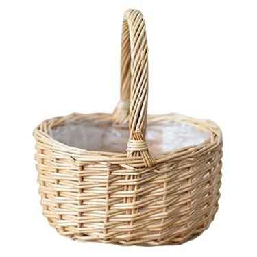 Imagem de UKCOCO Cesta decorativa de páscoa de tecido com alça dupla, cesta leve de flores de vime para armazenamento de frutas e decoração de casa, estilo pastoral rústico, multifuncional para flores e artigos