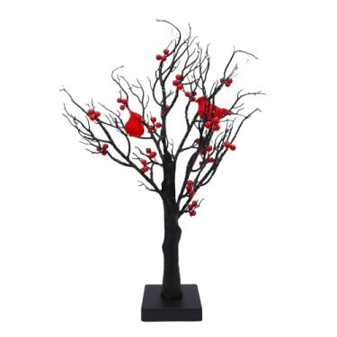 Imagem de Yinhing Árvore Artificial de Natal Com Luzes LED Lâmpada de árvore Central de Mesa Alimentada por Bateria Com Interruptor Liga/Desliga 60 Lâmpadas Pássaros Vermelhos Bagas para (Vermelho)