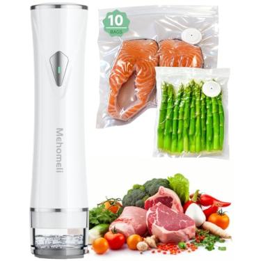 Imagem de Mehomeli Seladora a vácuo compacta para alimentos (máquina seladora a vácuo + 10 sacos de vácuo reutilizáveis), máquina seladora a vácuo portátil potente, sela alimentos por 6 vezes mais tempo