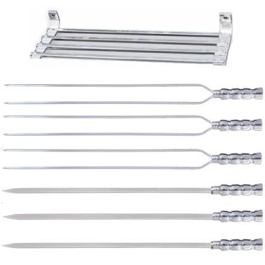 Imagem de Conjunto 6 Espetos Churrasco Churrasqueira Alumínio 65cm + Suporte Parede | Para Carnes, Legumes, Pescados, Passeios e Acampamento