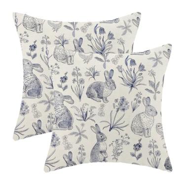 Imagem de Sorktse Capas de almofada de Páscoa azul marinho 45,7 x 45,7 cm, conjunto de 2 almofadas florais de coelhinho da Páscoa, decoração ao ar livre, coelho, flores botânicas, fronhas de linho para cama