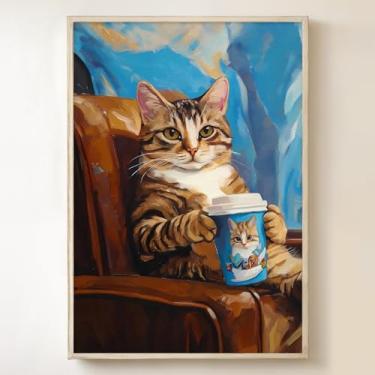 Imagem de Arte de parede de gato bebendo café pôsteres de animais estéticos imagens de gatos vintage arte de parede de animal peculiar tela retrato vintage imagens engraçadas de gatinho arte de animais de