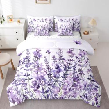 Imagem de Erosebridal Conjunto de edredom de 7 peças lavanda elegante com borboleta roxa para mulheres e meninas, estilo pastoral, jardim, floral, botânico, enchimento de edredom