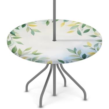 Imagem de Toalha de mesa elegante com folhas redondas com orifício para guarda-chuva, toalha de mesa com zíper, redonda, elástica, impermeável, toalha de mesa de 114 a 142 cm, toalha de mesa para piquenique ao