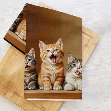 Imagem de Toalhas de cozinha charmosas com padrão trio de gatinhos, toalha de prato decorativa de microfibra absorvente, toalhas de mão de waffle para cozinha, casa, banheiro, presentes para amantes de gatos
