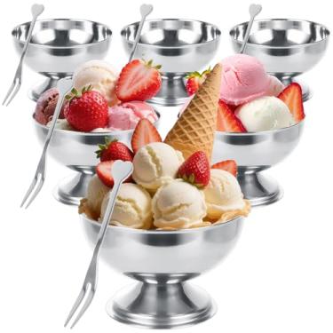 Imagem de MIVIDE Pacote com 6 copos de sorvete, tigela de sorvete de aço inoxidável, copos de sobremesa com garfos, tigelas de sobremesa, copo de sundae com pés prateados para pudim, sundae, sobremesa, iogurte