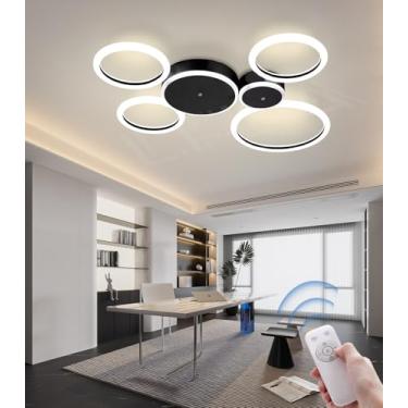 Imagem de Luminária de teto LED dimerizável, preta/dourada, com design moderno e criativo em formato de anel, controle remoto e iluminação suave para os olhos, ideal para sala de estar, quarto e escri