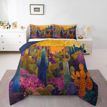 Imagem de Erosebridal Conjunto de edredom king do oeste selvagem ocidental, cacto tropical, plantas suculentas, deserto, deserto, selva, botânico, verde, roxo, decoração de quarto, 3 peças
