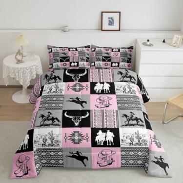 Imagem de Jogo de cama queen com estampa de cacto e caveira de touro, cinza, rosa, xadrez, listrado, para decoração de quarto de crianças, meninas, mulheres, meninos, 3 peças