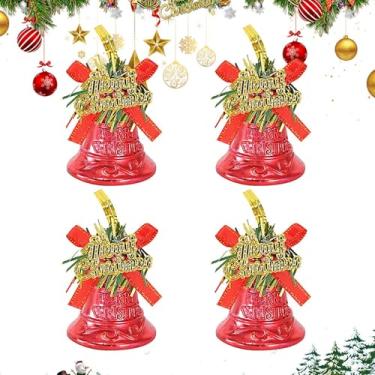Imagem de Sinos de Natal para decoração, enfeites de sino para árvore de Natal - 4X Sinos Decorativos de Natal - Decorações de feliz Natal, Jingle Bells, pingente de árvore de Natal com laço vermelho para porta