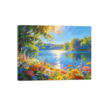 Imagem de Impressão em tela de paisagem de arte de parede - árvore flores lago-decoração pintura quadros para sala de estar pronto para pendurar 90x117cm35x46in tela embrulhada