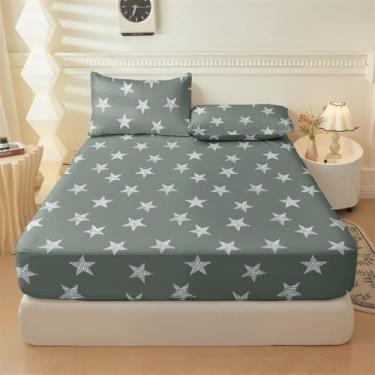 Imagem de Jogo de Lençol Listras Preto e Branco 3 Peças Percal Estampado Solteiro/Casal/Queen(Estrela,Casal 03 Peças)